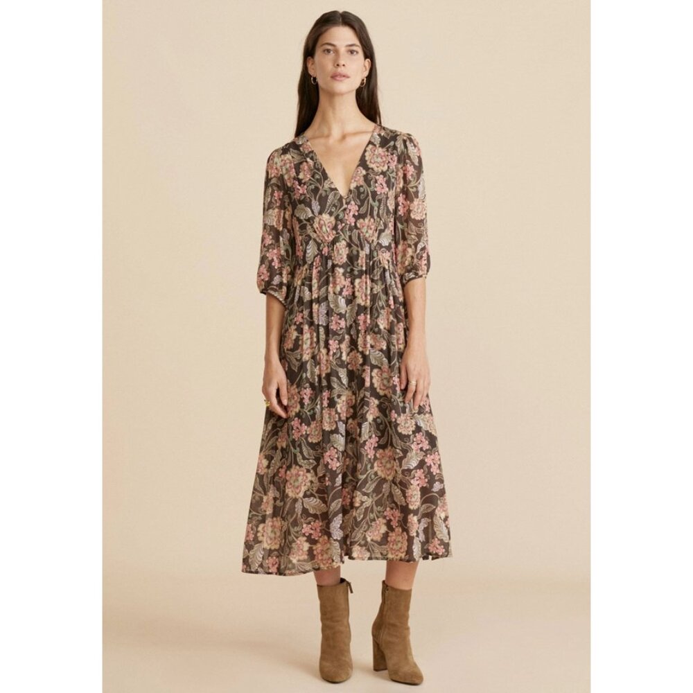 Auguste The Label Sz. 2 Brown Floral Vienna Elia Midi Dress 70's Inspired